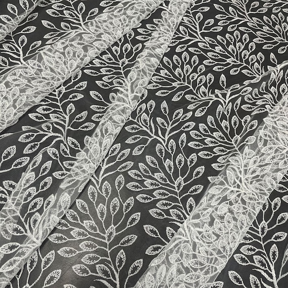 Bridal Lace Fabric, Embroidered Leaves on Twigs with Mesh Background, Off White (LT35)  - Selling Per Yard, 55/61"