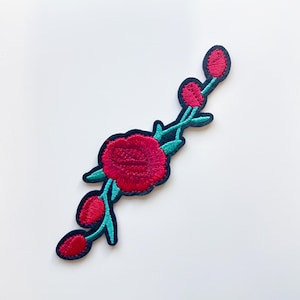 Vibrant Red Rose Vine Embroidered Applique, Iron on Patch (PATCH 3)