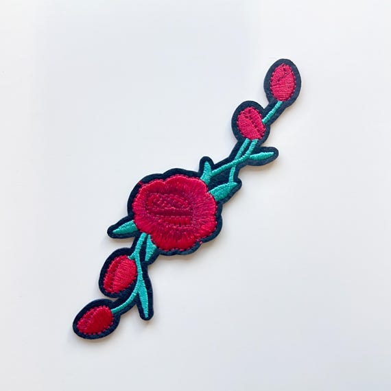 Vibrant Red Rose Vine Embroidered Applique, Iron on Patch (PATCH 3)