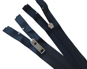 May include: Two black zipper tapes with silver sliders. The zipper tapes are separated and ready to be sewn together.