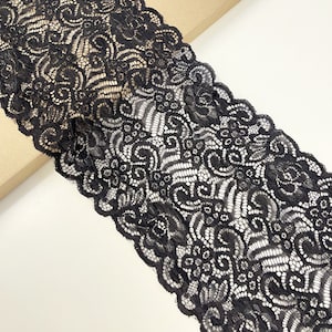 Black wide width stretch lace trim 7 1/2&quot; (LT20)