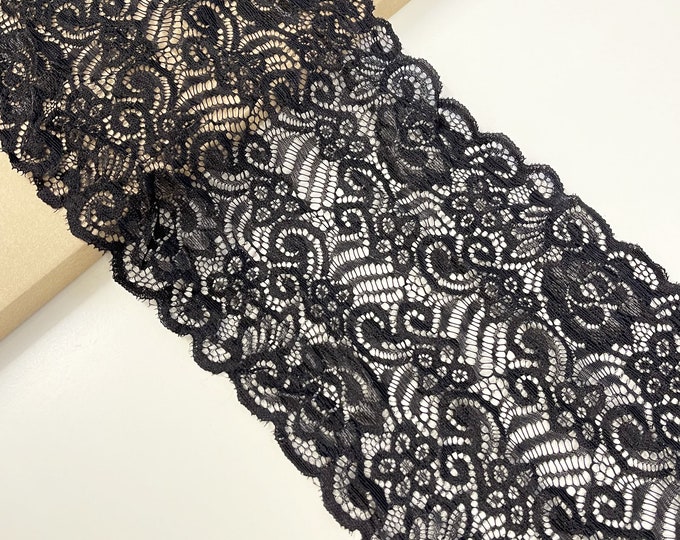 Black wide width stretch lace trim 7 1/2" (LT20)