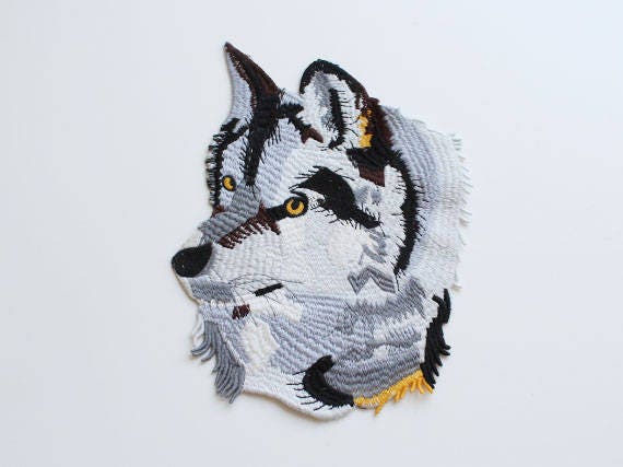Grey Wolf with Yellow Eyes Embroidered Applique, Sew on Patch