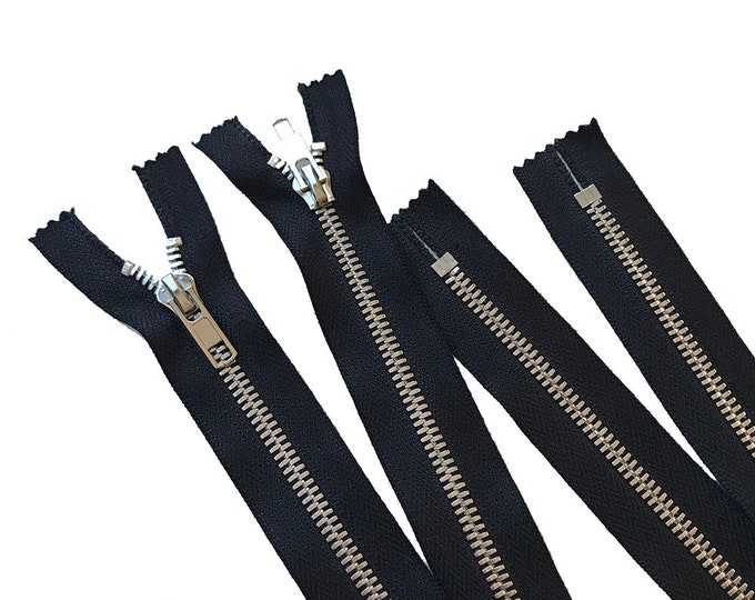 Silver Corn Teeth Metal Zipper - 9 1/2", 25", 29" Black tape Size#5  Close High Quality(Zippers 1)