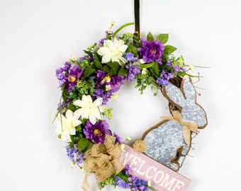 Easter Bunny Wreath, Wood and Metal Easter Bunny Wreath, Purple Easter Wreath, Purple and White Floral Easter Wreath