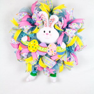 Easter Bunny Wreath, Bunny Wreath, Easter Bunny and Eggs Wreath, Easter Pink Yellow Purple Green Wreath, Easter Door Wreath