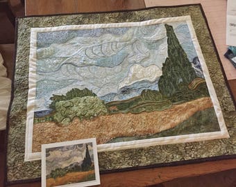 Van Gogh Wheat field with Cypress thread painting quilted wall art