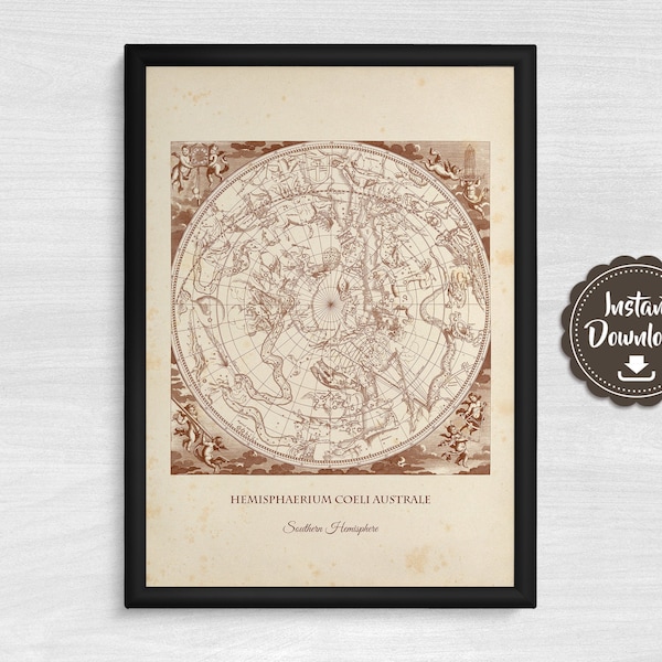 Vintage South Hemisphere Constellations Illustration with great detail on a grunge Parchment