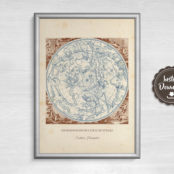 Vintage South Hemisphere Constellations Illustration with great detail on a grunge Parchment