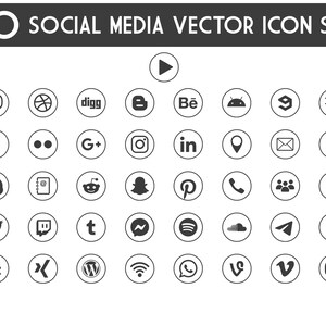 以下が含まれることがあります： 白黒のソーシャルメディアアイコン40個のセット。アイコンはグリッドパターンで配置され、白い円に囲まれています。アイコンには、Facebook、Twitter、Instagram、YouTube、Pinterestなどの人気ソーシャルメディアプラットフォームが含まれています。