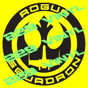 Könnte beinhalten: Schwarz-gelbes Grafikdesign des Rogue Squadron-Logos mit dem Text "Rogue Vinyl Squadron" und der Zahl "229", die sich um den Kreis wiederholt. Der Text ist in grüner Schrift.