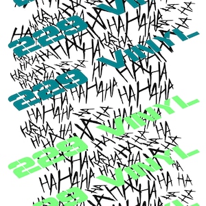 Könnte beinhalten: Ein Grafikdesign mit dem Wort "Vinyl" in grünem und türkisfarbenem Text, umgeben von schwarzem und weißem "HAHAHA"-Text.