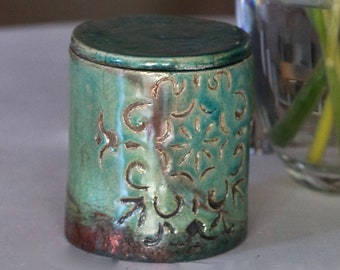 Box box raku engraved copper blue lid