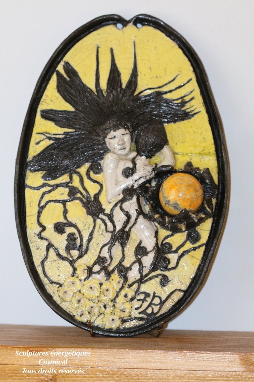 Sculpture Tableau Raku Céramique Murale Amour Confiance Bumblebee Lithotherapie Nature