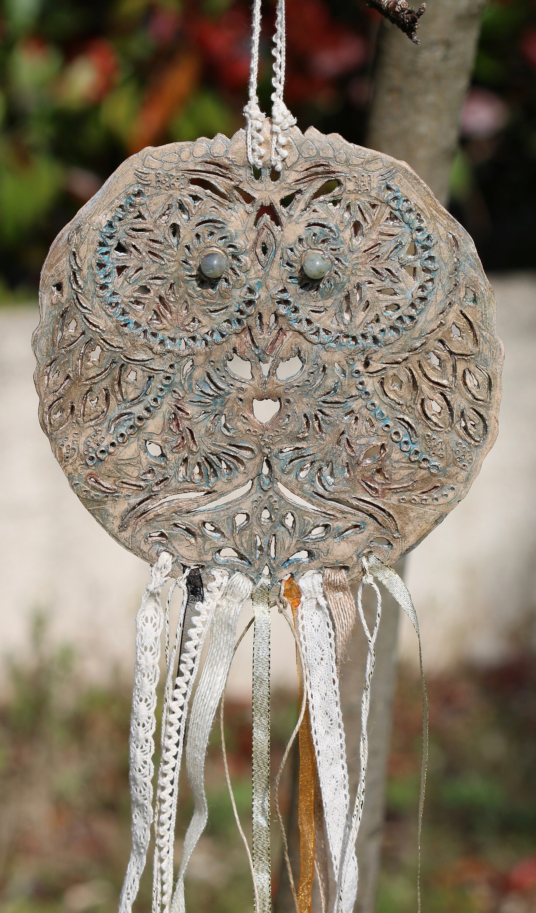 Attrape Rêves Chouette Céramique Patiné Ésotérisme Plumes Dentelles