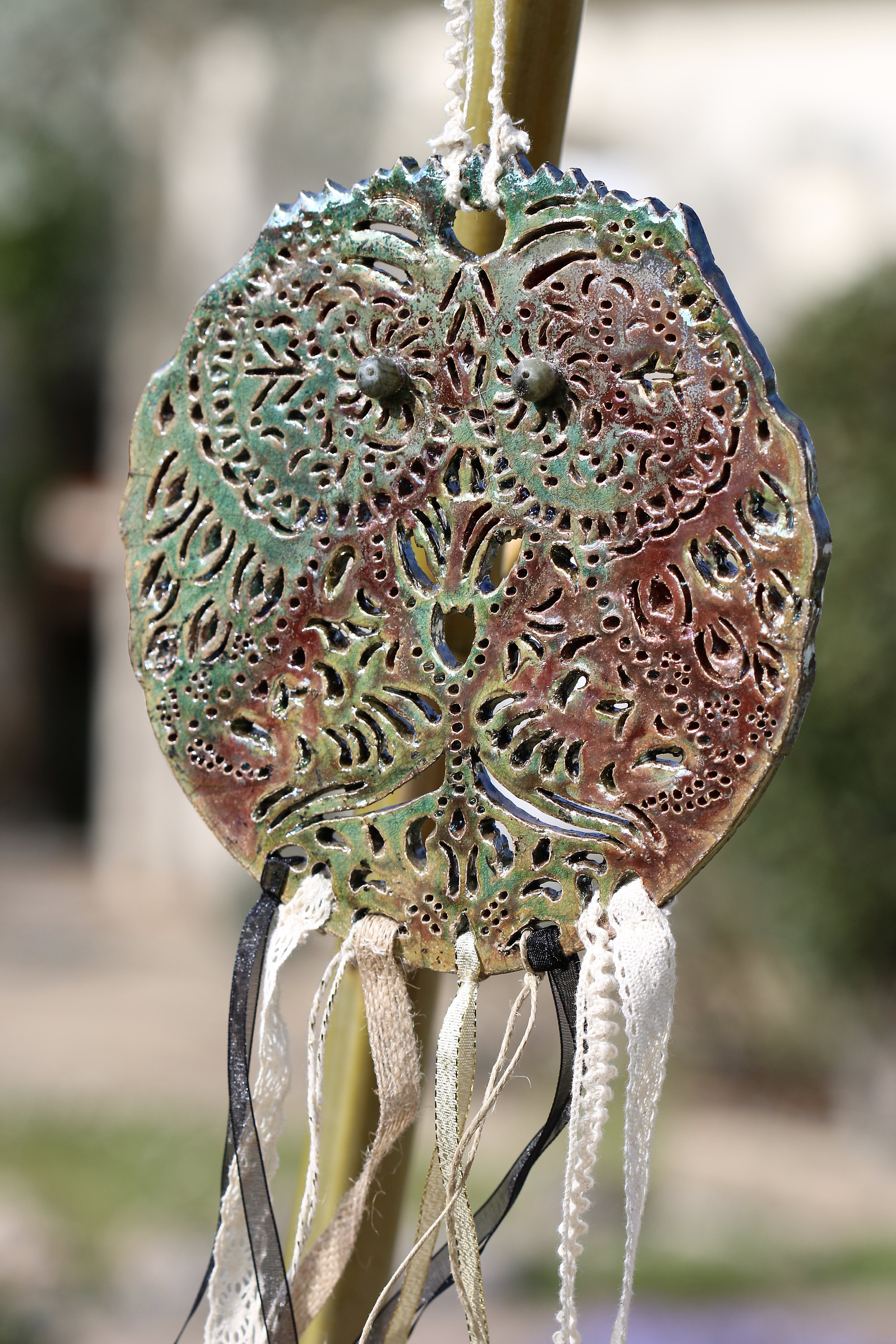 Attrape Rêves Chouette Raku Céramique Ésotérisme Plumes Dentelles