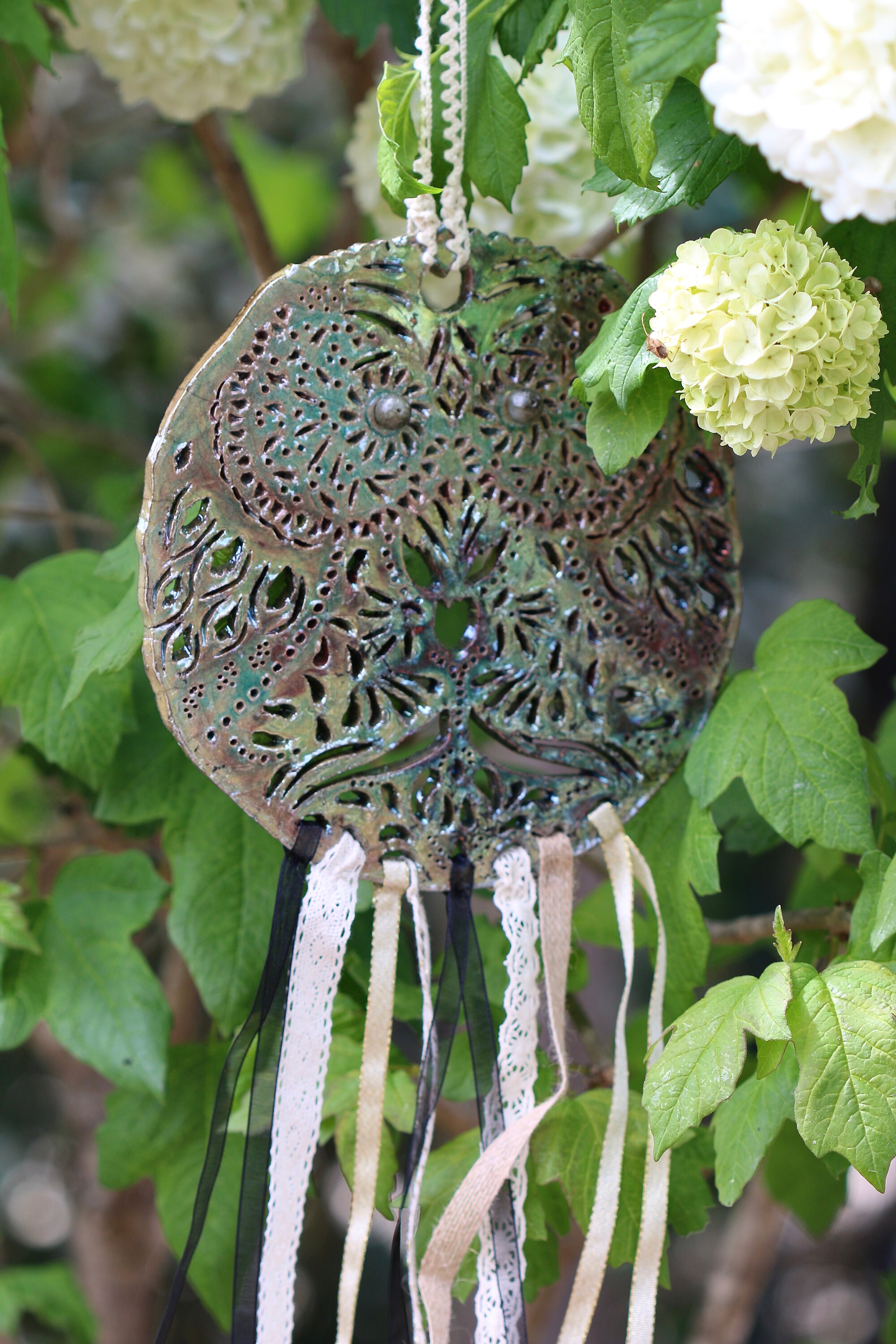 Attrape Rêves Chouette Raku Céramique Ésotérisme Plumes Dentelles
