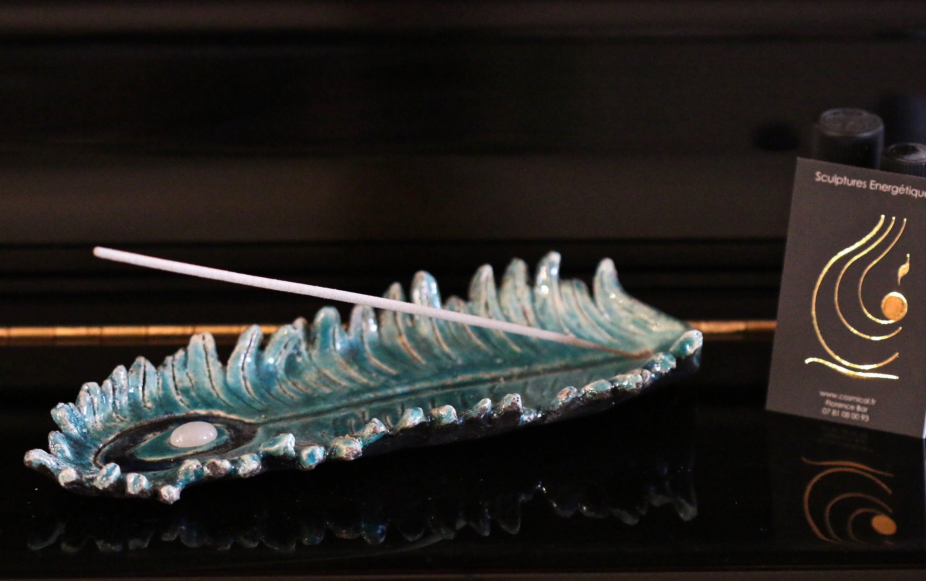 Porte Encens 2 Céramique Raku Décoratif Plume de Paon Pierre Lune Rituel Lithotherapie