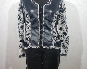 Designer Crochet Two Pieces Suit Consists of Leather Skirt & Leather Jacket