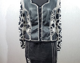 Designer Crochet Two Pieces Suit Consists of Leather Skirt & Leather Jacket