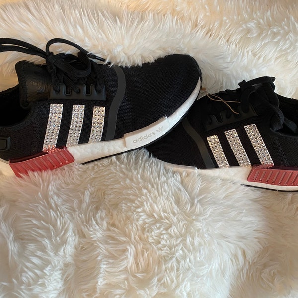 US7 Women’s or 5.5Youth/7 US Womens Bling Adidas NMD R1 W Black Pink Womens Youth Sneakers with quality crystals-ready to ship!!