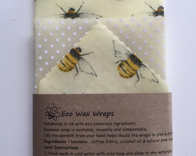 100% Natural Reusable Beeswax Food Wrap-Bees & Polka Dot Design.Choose your set. Zero Waste Gift