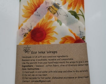 100% Natural Reusable Beeswax Food Wrap - Sunflowers and Bees  (Choose your set).Zero Waste Gift