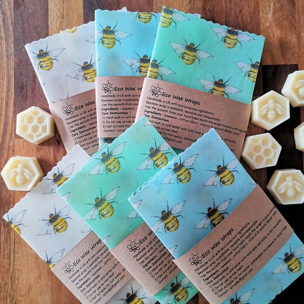 100% Natural Reusable Beeswax Food Wrap-Bees Design. Choose Your Size/Set. Handmade Eco Friendly Gift