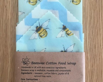 100% Natural Reusable Beeswax Food Wrap-Bees Design. Choose your set. Zero Waste Gift