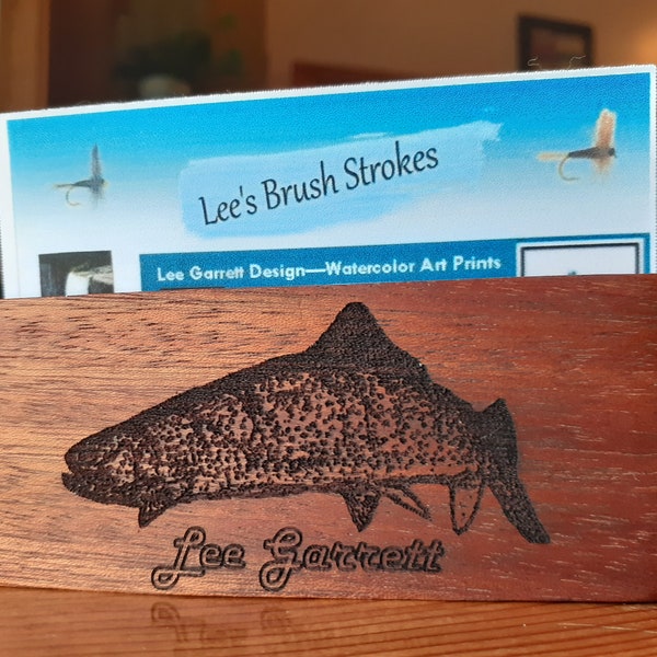 Personalized Black Walnut Fishing Business Card Holder Laser Engraved with Rainbow Trout and Name