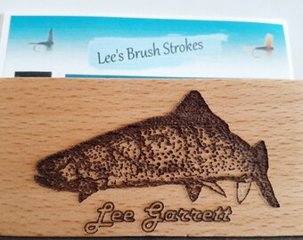 Personalized Beech Wood Fishing Business Card Holder, Laser Engraved with Rainbow Trout and Name, unique fishing gift