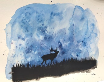 Elk Painting, Night Sky Painting, Starry Night Painting, Galaxy Painting, Original Acrylic Painting, Stag Painting, Elk, Whimsical Night