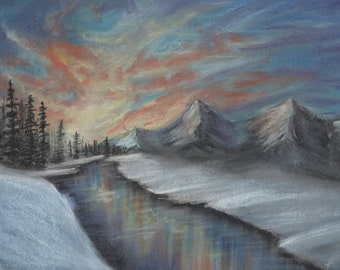 Paysage, Dessin au pastel, Peinture d'hiver, Scène d'hiver, Peinture originale, Paysage d'hiver, Décoration d'hiver, Neige et montagnes, Oeuvre d'art