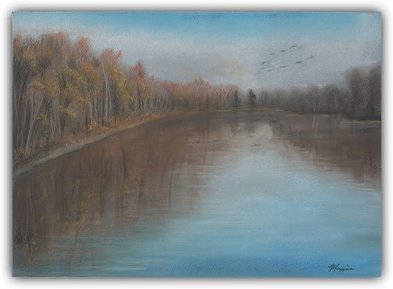 Paysage Dessin Peinture Au Pastel Sec Dessin Pastel Dessin Automne Rivière Paysage Peinture Dautomne à La Main Doeuvre Dessinée Art Original