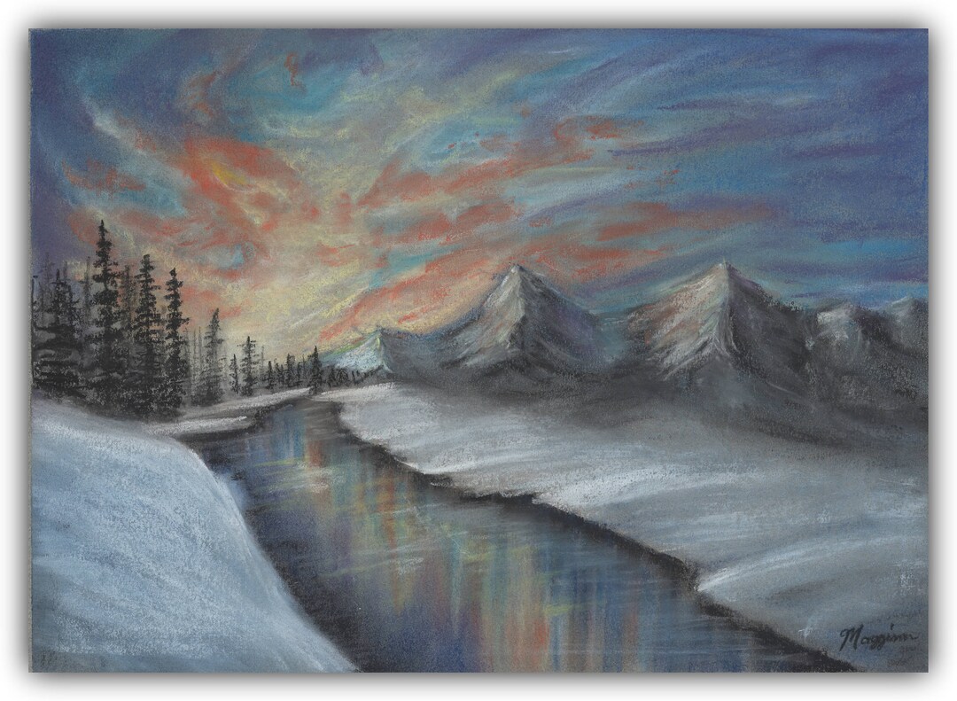 Landscape, Pastel Drawing, Winter Painting, Winter Scene, Original Painting, Winter Landscape