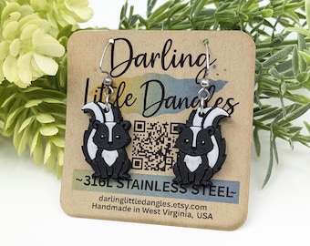 Skunk Earrings – Cute Woodland Animal Jewelry, Forest Wildlife Gift, Critter Dangles, 1” Charm, Hypoallergenic 316L Stainless Steel