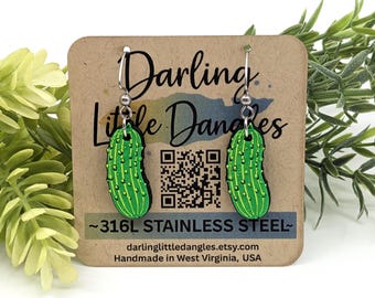 Pickle Earrings - Funny Food Dangles, Cucumber Jewelry, Veggie Cottagecore Snack Earrings, 1” Charm, Hypoallergenic