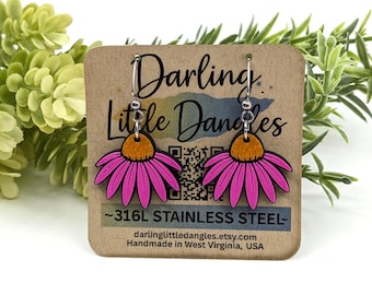 Magenta Coneflower Earrings - Echinacea Flower Dangles, Wildflower Garden Gift, Realistic Botanical Jewelry, 1" Charm, Hypoallergenic