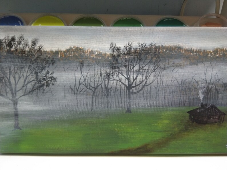 Foggy Morning Cabin In The Woods Acrylic Painting On Canvas Etsy