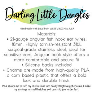 May include: Image features the text "Darling Little Dangles" over a colorful background. The text describes the materials used in the earrings, including 21-gauge fish hook ear wires, 18mm long, and surgical-grade stainless steel. The earrings are handmade in West Virginia.
