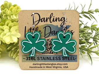 Shamrock Dangle Earrings, Three Leaf Clover, Green Heart Leaf, St. Patrick’s Day Jewelry, Small 1” Lightweight Charm, Hypoallergenic