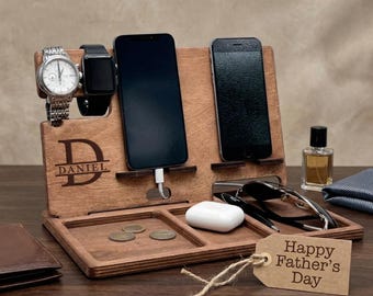 Personalisierte Dockingstation aus Holz, Schreibtisch-Organizer für Herren – Vatertagsgeschenk