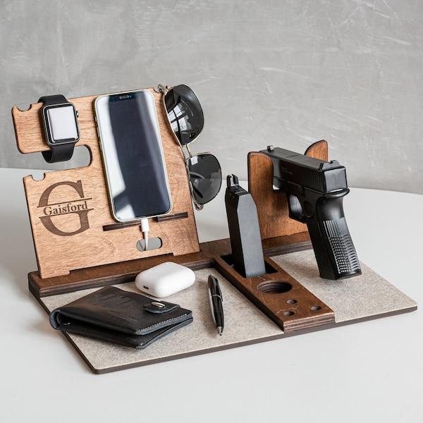 Wooden Dock Station, Police Officer Docking Station, Wood Stand for Gun, Law Enforcement Gift for Men, Nightstand with Gun Holder