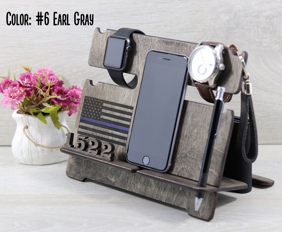 Personalized Thin Blue Line Wood Docking Station Police