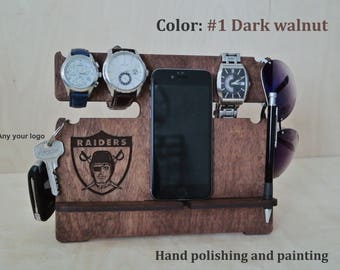 Custom Fathers Day gift, Oakland Raiders Wood docking station, gift for husband, gift for men, Personalized Gift for Him, mens gift for dad