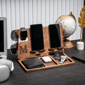 Double Charging Station, Dual Wood Docking Station for 2 phones, Stand for two phone, Multiple Device Docking Tray, Twin Phone Charger