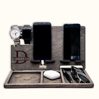 Docking Station In Legno Per Smartphone, Orologio E Portafoglio – Organizer Da Scrivania, Regalo Uomo Per Compleanno O Natale