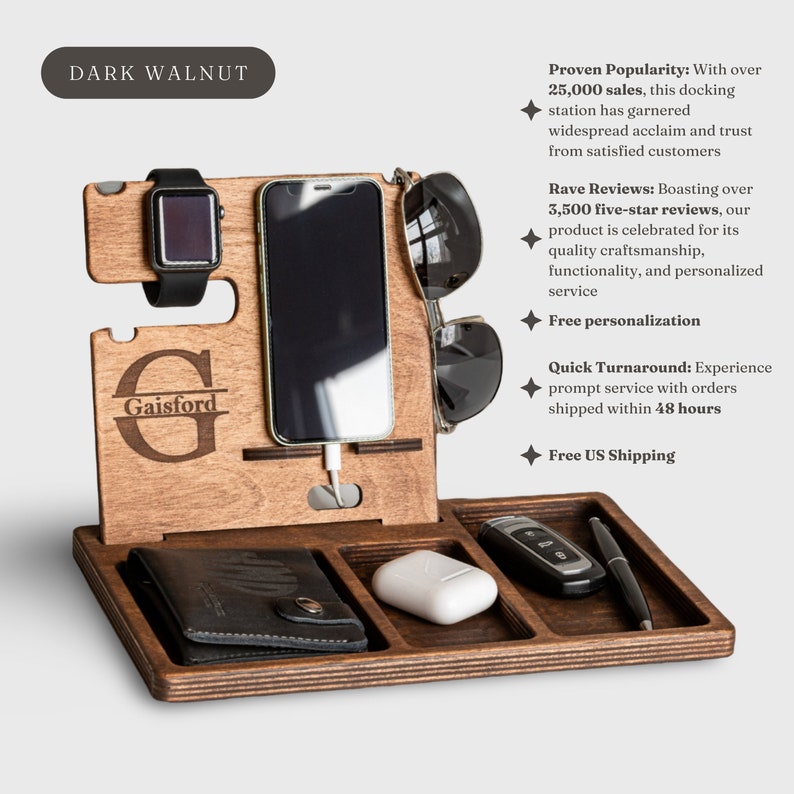 Wooden docking station with monogram holding a wallet, watch, glasses, sunglasses, AirPods, iPhone and pen