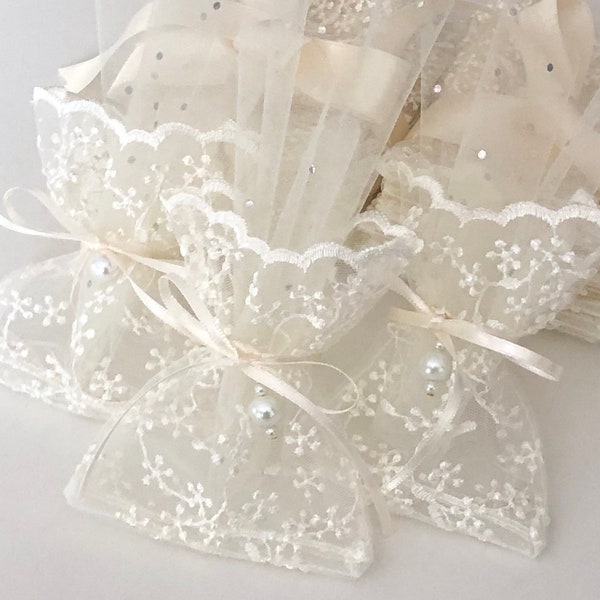 Ivory Lace Favor Bags with Pearl Beads, Wedding Favor Bag, Baptism Favor Bag, Free Fast Shipping