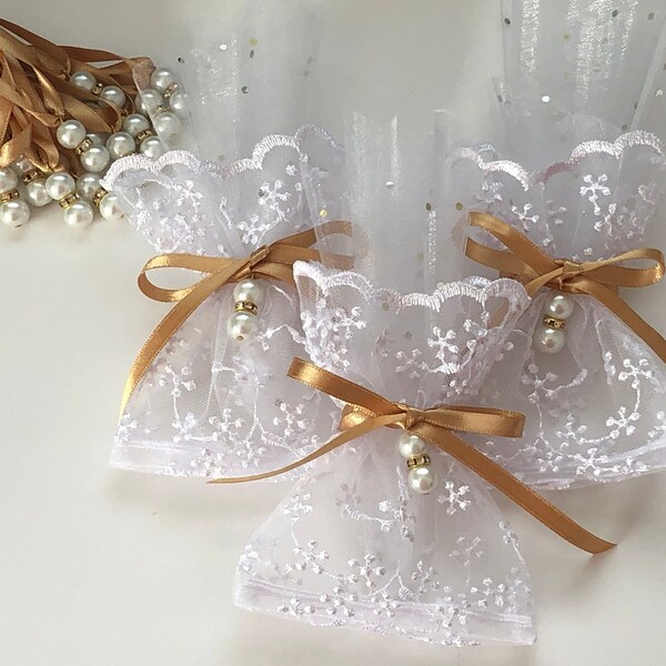 Unique Lace Favor Bags with Charms, Wedding Favor Bag, Baptism Favor Bag, Free Fast Shipping